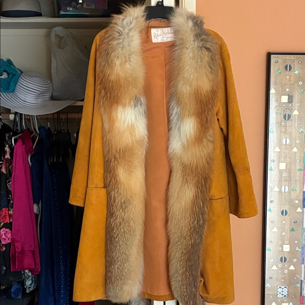 Vintage suede fox fur trimmed coat